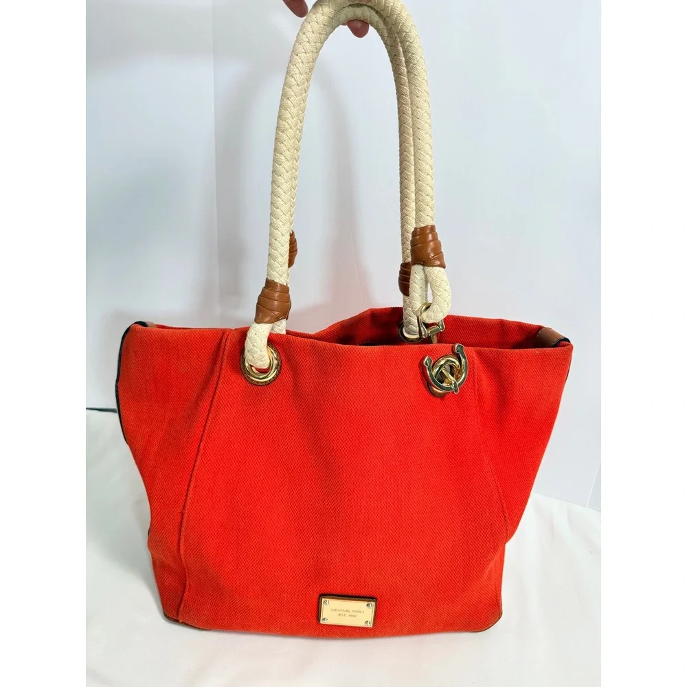 Michael Kors Marina Orange Canvas Rope Handle Tote Nautical Gold Hardware
